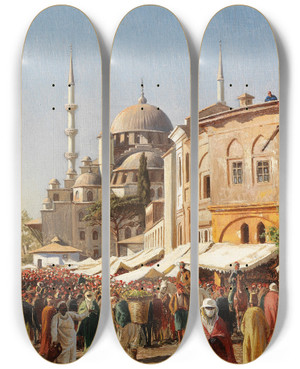 Triptych art skateboard deck of Harald Jerichau Marktstrae In Konstantinopel Mit Hagia Sophia by Harald Jerichau (1851-1878)