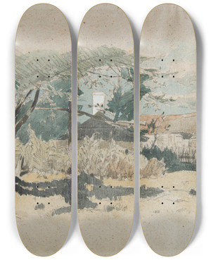 Triptych art skateboard deck of Jozef Brandt Country Farms In Orosk by Jozef Brandt (1841-1915)