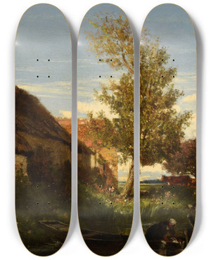 Triptych art skateboard deck of Mile Lambinet Chaumire Au Bord De Leau by mile Lambinet (1813-1877)