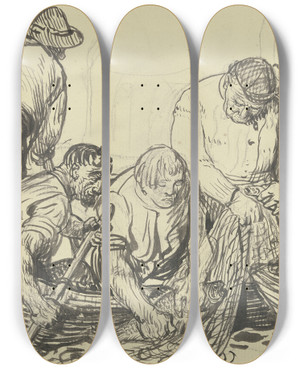 Triptych art skateboard deck of Fritz Boehle Fishermen Working by Fritz Boehle (1873-1916)