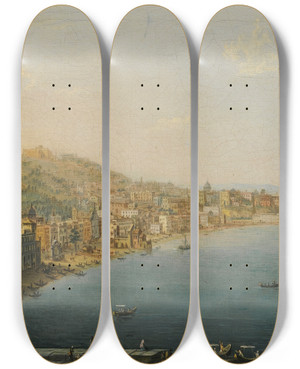 Triptych art skateboard deck of Pietro Antoniani Naples A View Oftheriviera Di Chiaia From The Convento Di Sant Antonio With Vesuvius Smoking In The Distance by Pietro Antoniani (1740-1805)