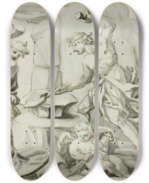 Triptych art skateboard deck of Abraham Drentwett The Elder Vulcan Making Arms For Achilles While Venus And Cupid Look On by Abraham Drentwett The Elder (1647-1727)