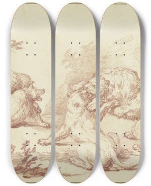 Triptych art skateboard deck of Johann Ludwig Von Pfeiff Zwei Kmpfende Lwen Und Zwei Kmpfende Bren by Johann Ludwig Von Pfeiff (1710-1779)