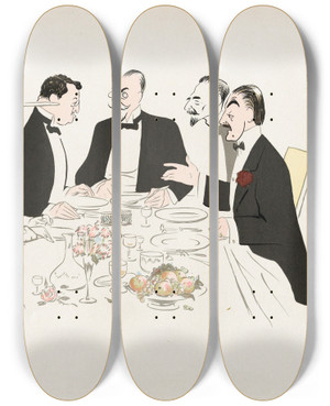 Triptych art skateboard deck of Georges Goursat Sem A Lhotel De Paris Gentleman With Dark Red Carnation From Monte Carlo by Georges Goursat (Sem) (1863-1934)