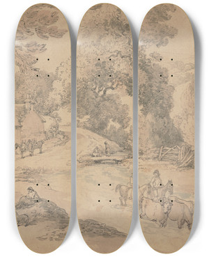 Triptych art skateboard deck of Thomas Rowlandson Country Scene In Devonshire_2 by Thomas Rowlandson (1756-1827)
