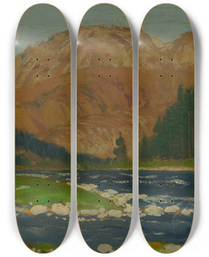 Triptych art skateboard deck of Ferdinand Katona Landscape By The Danube by Ferdinand Katona (1864-1932)