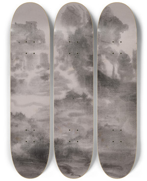 Triptych art skateboard deck of Carl Blechen Landschaft Mit Burg Oder Kirche by Carl Blechen (1798-1840)