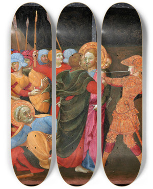 Triptych art skateboard deck of Sassetta The Betrayal Of Christ by Sassetta (1392-1450)