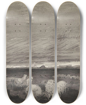 Triptych art skateboard deck of Christian Skredsvig Landskap Med Sauer by Christian Skredsvig (1854-1924)