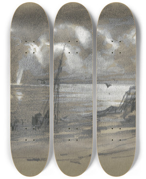 Triptych art skateboard deck of Edward Moran Seacoast By Moonlight Recto by Edward Moran (1829-1901)