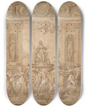 Triptych art skateboard deck of Federico Zuccaro Study For The Allegory Of Spring by Federico Zuccaro (1542-1609)