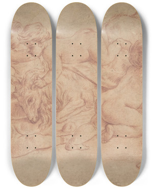 Triptych art skateboard deck of Carlo Cignani Five Putti Playing With A Goat Bacchanalia by Carlo Cignani (1628-1719)