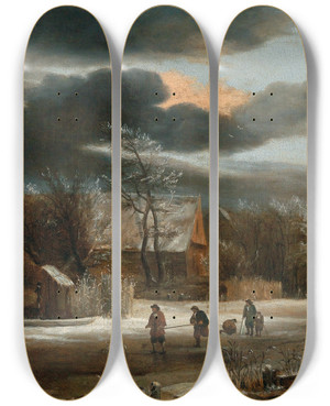 Triptych art skateboard deck of Jacob Van Ruisdael A Winter Landscape With A Village And A Frozen Canal by Jacob Van Ruisdael (1628-1682)