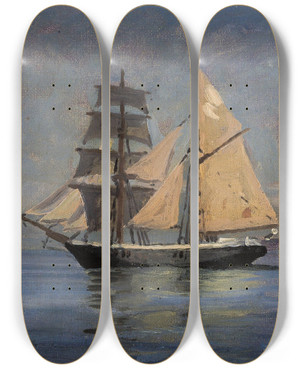 Triptych art skateboard deck of Carl Locher Night Atmosphere At See Full Moon by Carl Locher (1851-1915)
