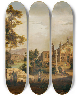 Triptych art skateboard deck of Georg Petzolt Italienische Landschaft Mit Pilgern by Georg Petzolt (1810-1878)