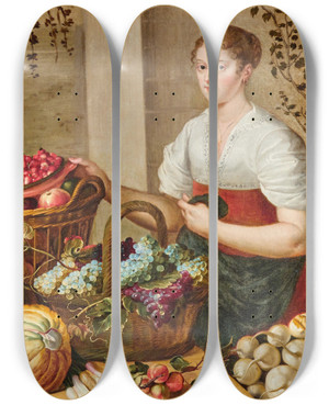 Triptych art skateboard deck of Flemish School A Young Woman Next To A Table With Fruit In Baskets And Vegetables by Flemish School