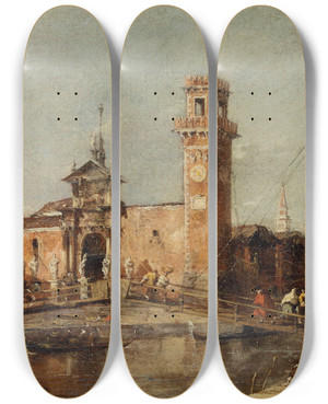 Triptych art skateboard deck of Francesco Guardi The Entrance To The Arsenal In Venice by Francesco Guardi (1712-1793)