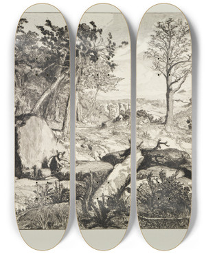 Triptych art skateboard deck of Max Klinger Simplicius In Der Waldeinde Intermezzi Opus Iv Blatt 10 by Max Klinger (1857-1920)