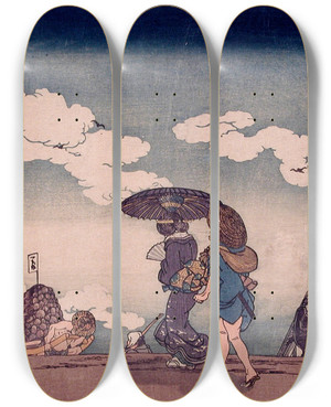 Triptych art skateboard deck of Utagawa Kuniyoshi Kasumigaseki by Utagawa Kuniyoshi (1797-1861)