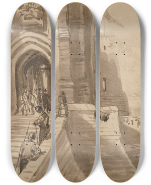 Triptych art skateboard deck of David Cox Figures On The Outer Staircase Of A Castle by David Cox (1783-1859)