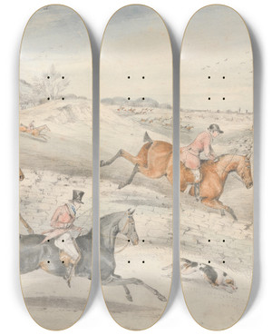 Triptych art skateboard deck of George Alken Foxhunting Full Cry by George Alken