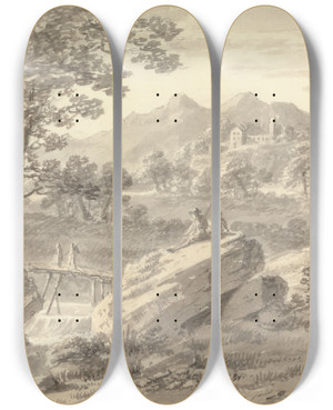 Triptych art skateboard deck of Amos Green Landscape With Wooden Bridge by Amos Green (1735-1807) Triptych art skateboard deck of Amos Green Landscape With Wooden Bridge by Amos Green (1735-1807)