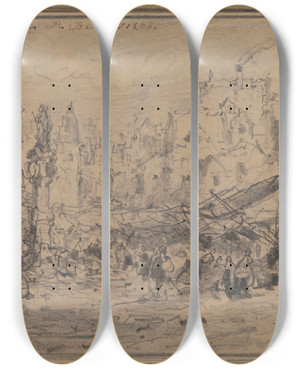 Triptych art skateboard deck of Henri Franois Schaefels The Old Fishmarket In Antwerp_3 by Henri Francois Schaefels (1827-1904)