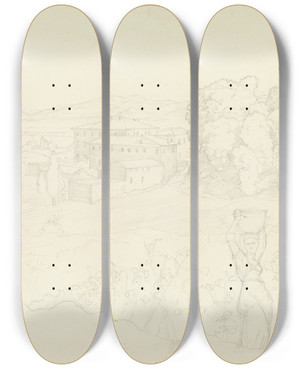 Triptych art skateboard deck of Julius Schnorr Von Carolsfeld Landschaft Mit Einer Villa Rechts Vorne Winzer Links Ein Hirte Der Die Flte Blst by Julius Schnorr Von Carolsfeld (1794-1872)