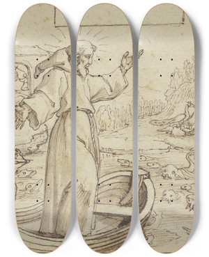 Triptych art skateboard deck of Pieter De Jode I Der Heilige Franziskus Predigt Den Tieren Unterdessen Trumt Papst Innozenz Iii Von Der Rettung Der Kirche Durch Den Heiligen by Pieter de Jode I (1570-1634)