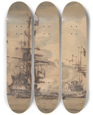 Triptych art skateboard deck of Willem Van De Velde The Younger Sea Fight by Willem van de Velde the Younger (1633-1707)