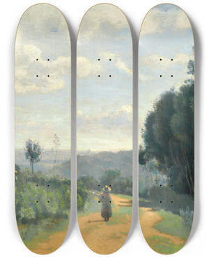 Triptych art skateboard deck of Jeanbaptistecamille Corot Les Hauteurs De Svres Le Chemin Troyon by Jean-Baptiste-Camille Corot (1796-1875)