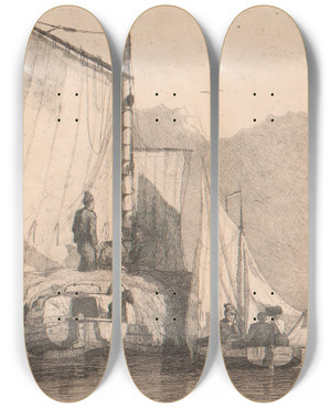 Triptych art skateboard deck of Joseph Stannard Boats At Breydon by Joseph Stannard (1797-1830)
