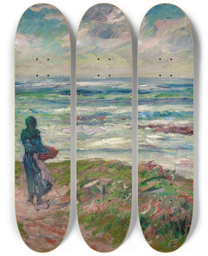 Triptych art skateboard deck of Henry Moret Bretonnes Devant La Mer by Henry Moret (1856-1913)