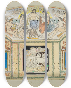 Triptych art skateboard deck of Moritz Von Schwind Birth Of Athena Youth Of Dionysus Hermes Driving Away The Cattle Of Apollo Education Of Achilles By Chiron by Moritz Von Schwind (1804-1871)