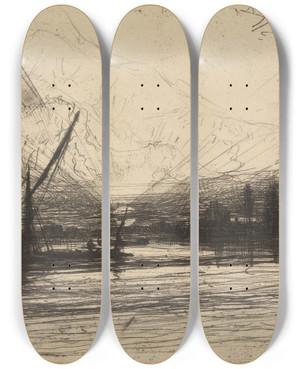 Triptych art skateboard deck of Francis Seymour Haden Sunset On The Thames by Francis Seymour Haden (1818-1910)
