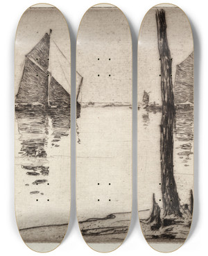 Triptych art skateboard deck of Arthur John Trevor Briscoe The Beacon by Arthur John Trevor Briscoe (1873-1943)