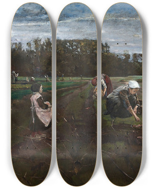 Triptych art skateboard deck of Max Liebermann Potato Harvest by Max Liebermann (1847-1935)