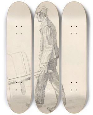 Triptych art skateboard deck of Adolph Tidemand Mann Med Et Trillebr Og En Ape by Adolph Tidemand (1814-1876)