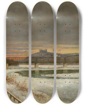 Triptych art skateboard deck of Eduard Majsch View Of Bratislava by Eduard Majsch (1841-1904)
