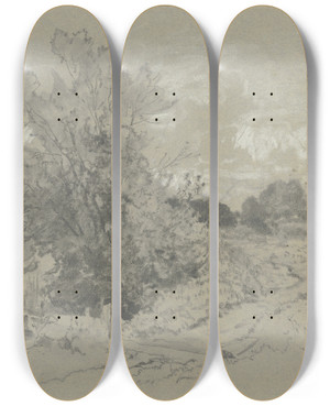 Triptych art skateboard deck of Hermann Baisch Shrubbery At A Pond by Hermann Baisch (1846-1894)