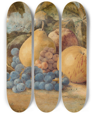 Triptych art skateboard deck of John William Hill Still Life Of Fruit Apples Pears And Grapes On Ground by John William Hill (1812-1879)