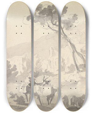 Triptych art skateboard deck of Sawrey Gilpin Landscape With Cattle And Figures In Foreground by Sawrey Gilpin (1733-1807)