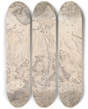 Triptych art skateboard deck of Henry Thomas Alken Sporting Incidents Drawing For The Softgound Etching Of Panther Hunting by Henry Thomas Alken (1785-1851)
