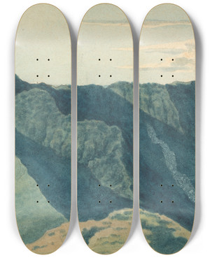 Triptych art skateboard deck of Thomas Bradshaw Mountainous Landscape Scene by Thomas Bradshaw (1767)