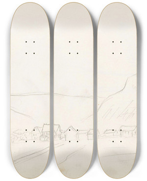 Triptych art skateboard deck of Hans Gude Mountain Village And Church by Hans Gude (1825-1903)