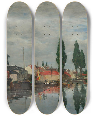 Triptych art skateboard deck of Eugne Boudin Bruxelles Le Canal De Louvain by Eugene Boudin (1824-1898)