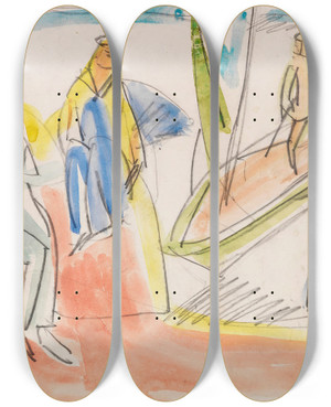 Triptych art skateboard deck of Ernst Ludwig Kirchner Menschen Und Boot Am Strand by Ernst Ludwig Kirchner (1880-1938)