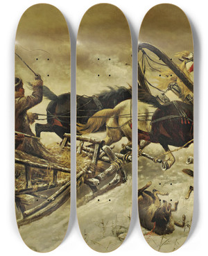 Triptych art skateboard deck of Adolf Baumgartnerstoiloff The Wolf Hunt by Adolf Baumgartner Stoiloff (1850-1924)