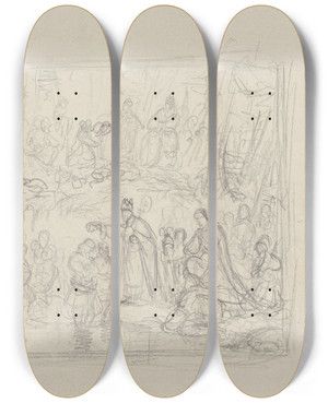 Triptych art skateboard deck of Adolph Tidemand Figurscene Med Kroning by Adolph Tidemand (1814-1876)