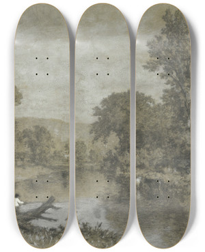 Triptych art skateboard deck of George Inness Milton Newyork by George Inness (1825-1894)